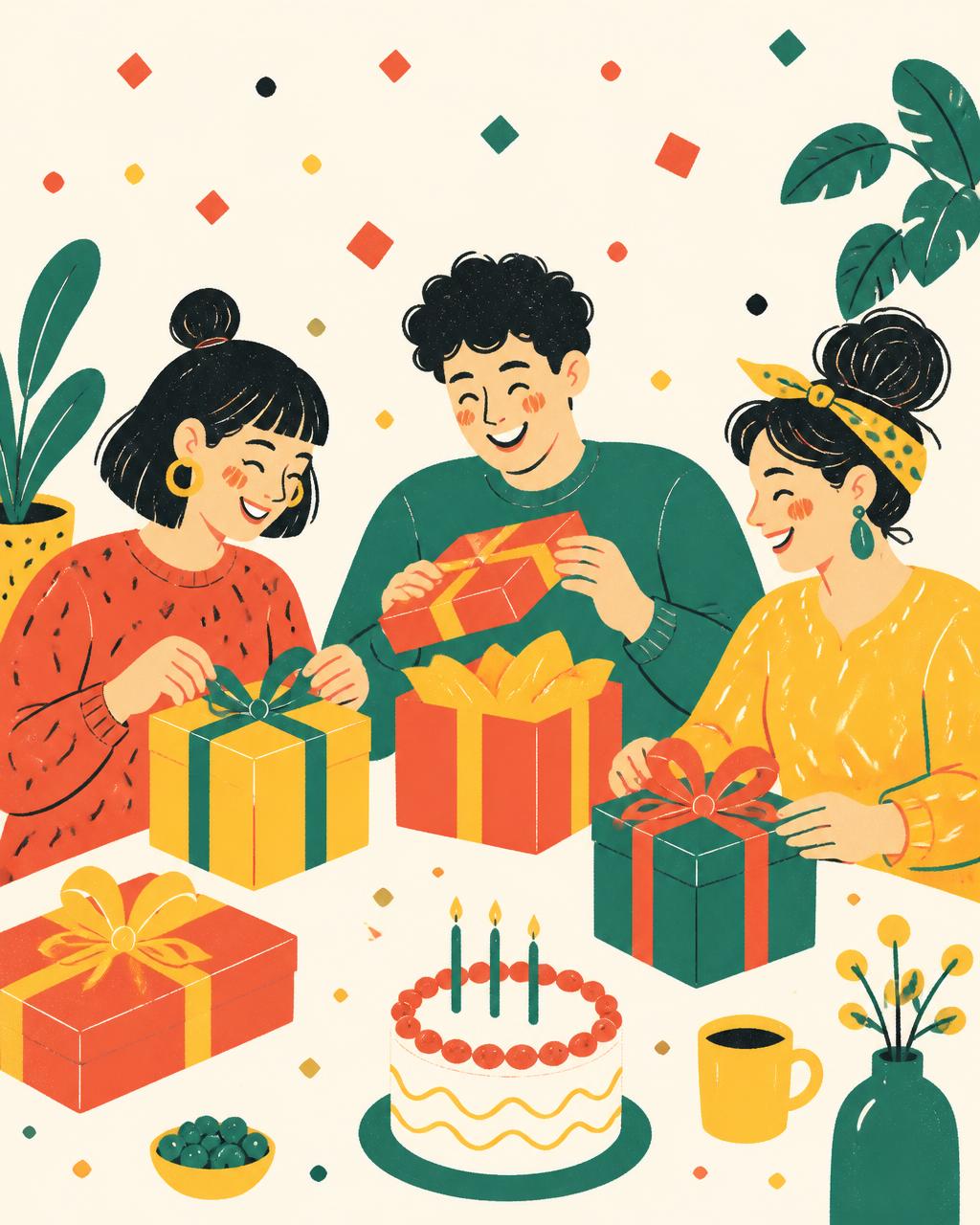 Ilustrație cu trei prieteni care despachetează cadouri la o masă cu tort și confetti